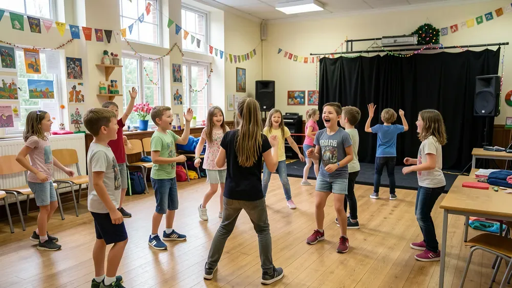 Children rehearsing dance, drama and singing in a performing arts holiday workshop