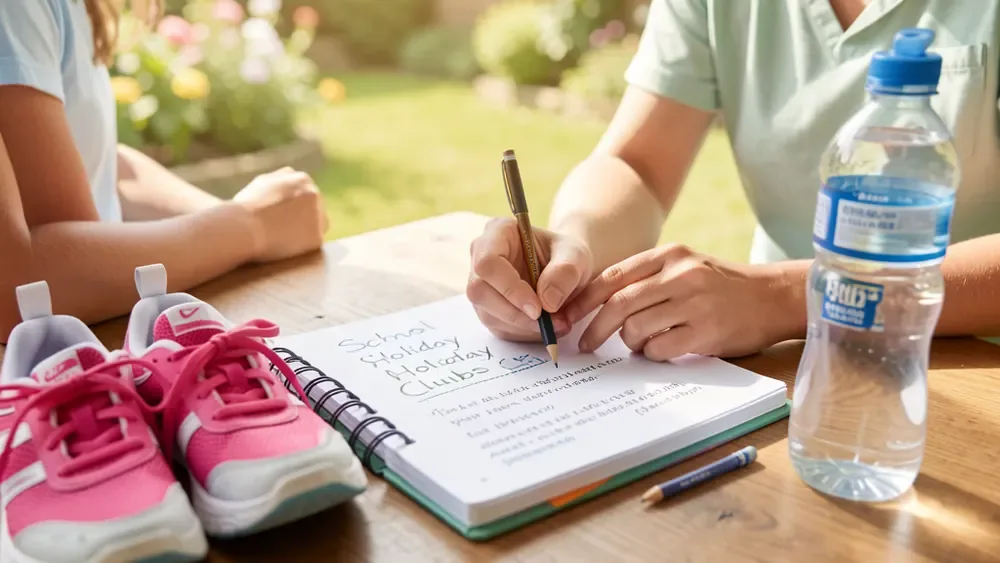 Parent planning school holiday clubs with dance shoes and notes